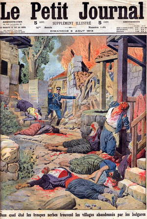 Serbian troops arriving in villages abandoned by Bulgarians, 1913 (print)
