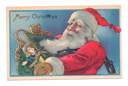 Edwardian Christmas postcard of Father Christmas holding a box of toys, c.1910 (colour litho)