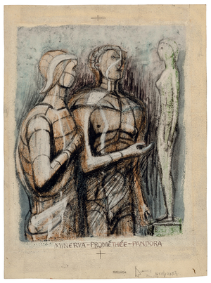 Minerva, Prometheus and Pandora, (watercolor, charcoal and colored wax crayons on paper)