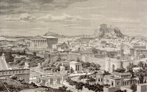 Artist's impression of Athens, at the time of the Emperor Hadrian, from 'El Mundo Ilustrado', published Barcelona, 1880 (litho)