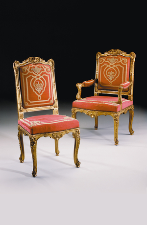 Chairs from a set of fourteen, possibly French, in the Regence style (giltwood & textile)