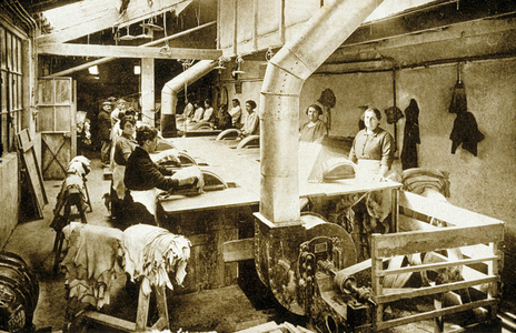 Gloves fActory Jonquet, employees in a workshop with machines, c. 1930. Millau, France.
