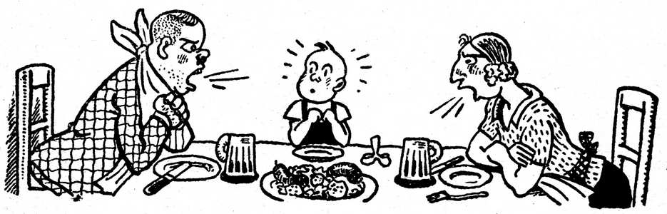 Family dispute at the table, 1946 (illustration)