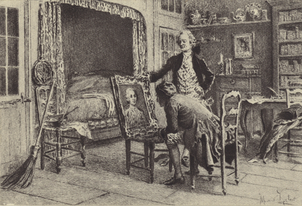 Jean-Jacques Rousseau looking at his portrait (gravure)