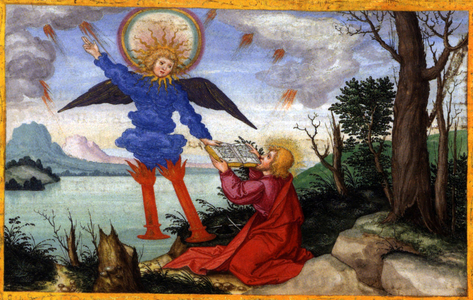 Germany: John consuming the Book of Revelations. Illuminated miniature from the Ottheinrich Bible