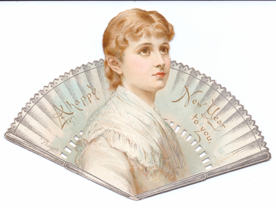 A Victorian die cut New Year card in the shape of a fan with an image of a, c.1880 (colour litho)