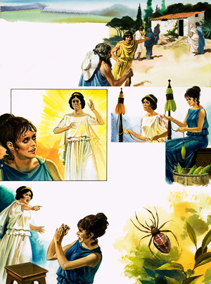 Arachne and Athene (gouache on paper)