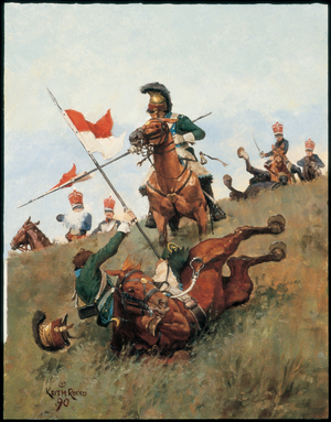 French 5th Chevau-Legers Lanciers and British 10th Hussars 1815, 1990 (oil on board)