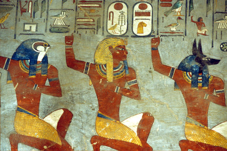 Ancient Egypt, Rameses I with demons of the underworld, Falcon headed and jackal headed demons, 19th Dyn, Thebes, Tomb of Rameses I (photo)