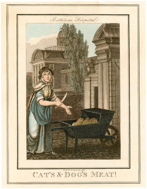 Bethlem Hospital.  Cat's and Dog's Meat (coloured engraving)