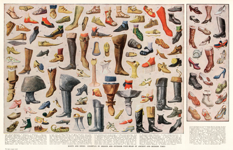 Boots and shoes: examples of indoor and outdoor footwear of ancient and modern times (colour litho)