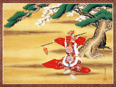 Japan: Scene from a 'Bugaku' dance performance, screen painting, Zentokuji Temple, Nanto, Toyama Prefecture. Kano Eitakeshi (1790-1867), 1849