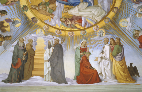 Vault of the room of Dante, detail: Dante, Beatrice, Empress Constance, the Clarissa Piccarda Romeo from Villanova and Emperor Justinian