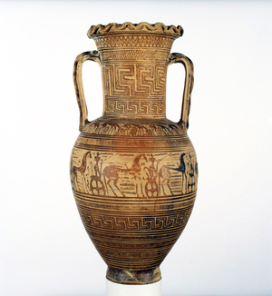 Greece: Terracotta neck amphora depicting military scenes, Attica, c. 710 BCE