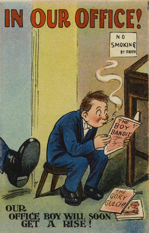 Office boy about to get a rise (colour litho)