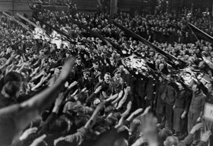 Adolf Hitler speaks at a Berlin Armament factory, 1942 (b/w photo)