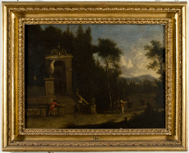 The gardens of a mansion, with ladies and gentlemen (oil on panel)