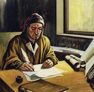 Dante spent most of his time writing The Divine Comedy (colour litho)