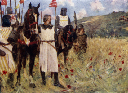 Simon de Montfort watching Prince Edward's army at the Battle of Lewes, Sussex, Second Barons' War, 1264 (colour litho)
