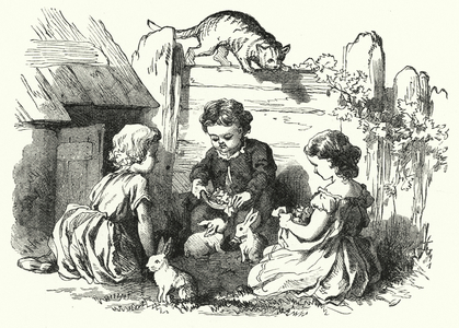 Children feeding rabbits (engraving)