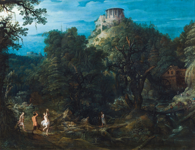 A thickly wooded landscape with the Temple of Vesta at Tivoli and a satyr and nymphs dancing in a valley (oil on copper)