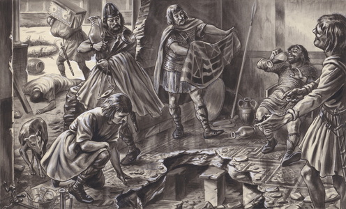 Saxons looting an old Roman villa (gouache on paper)