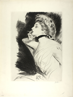 Half-length portrait of a seated woman, smoking a cigarette, facing left, c.1900 (drypoint)