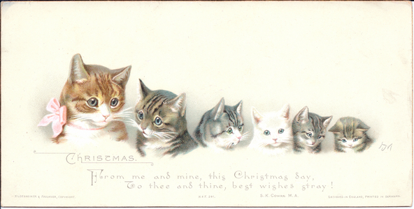 A Victorian Christmas card of six cats, c.1880 (colour litho)
