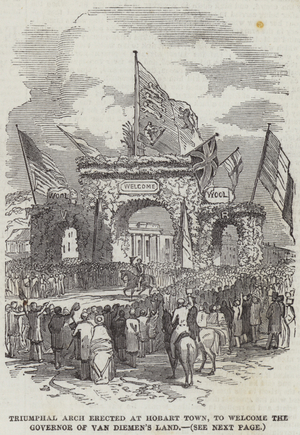 Triumphal Arch erected at Hobart Town, to welcome the Governor of Van Diemen's Land (engraving)