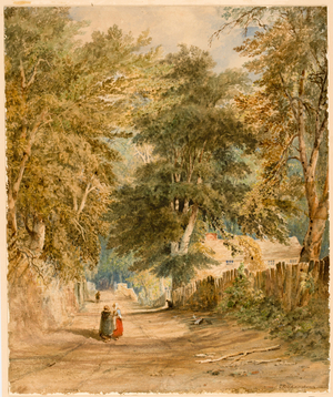 Landscape - Lane with Figures (bodycolour & w/c on paper on board)