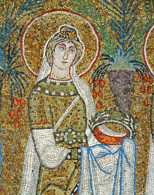 Procession of virgins: Saint Justine carrying a crown - symbol of martyrdom, 6th century (mosaic)