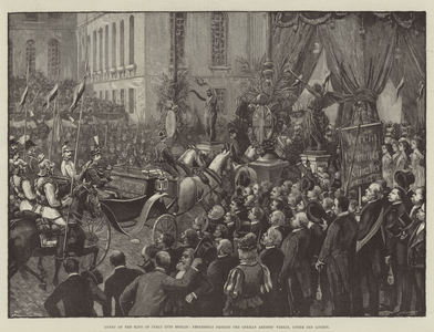 Entry of the King of Italy into Berlin, Procession passing the German Artists' Verein, Unter den Linden (engraving)