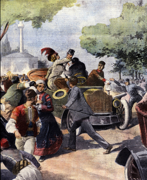Assassination of Franz Ferdinand (1863-1914), Archduke of Austria, and his wife Sophie in Sarajevo, Bosnia, June 28th 1914.