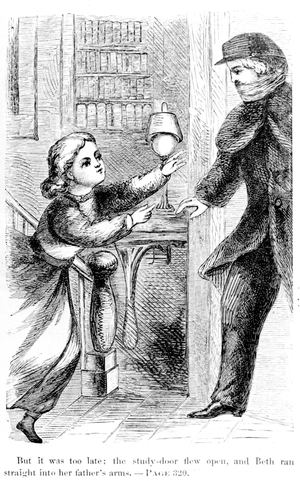 But it was too late: the study draw flew open, and Beth ran straight into her father's arms, 1868 (engraving)