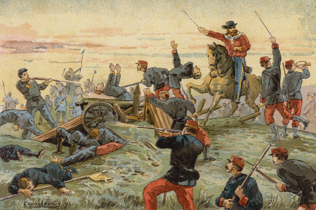Giuseppe Garibaldi at the Battle of San Antonio del Santo, Uruguayan Civil War, 1846 (chromolitho)