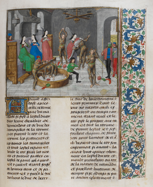 Miniature of burning costumes of the 'hommes sauvages' during a masked dance in Paris, at the beginning of chapter 32