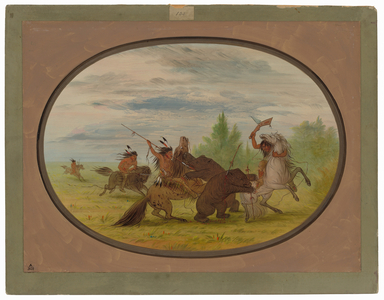 K'nisteneux Indians Attacking Two Grizzly Bears, 1861-1869 (oil on card mounted on paperboard)
