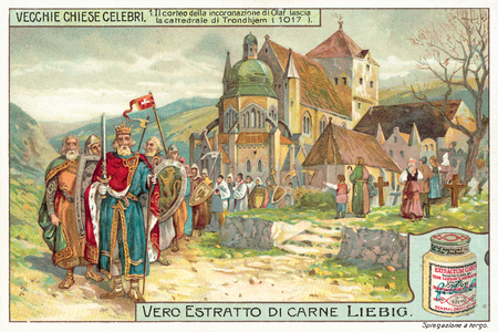 Coronation procession of King Olaf II of Norway leaving Trondheim Cathedral, 1017 (chromolitho)