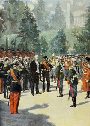 Felix Faure is welcomed by Nicholas 2 at Peterhof in 1897 (Engraving)