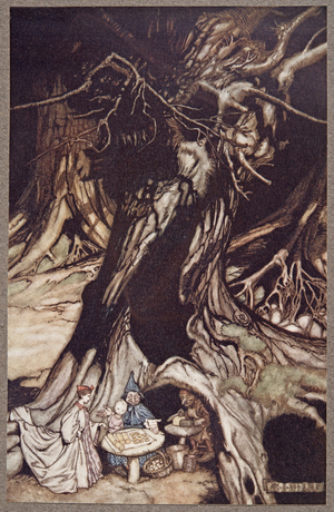 Butter is got from the roots of old trees, from Peter Pan in Kensington Gardens by J M Barrie (1860 - 1937), pub. 1906 (colour litho)