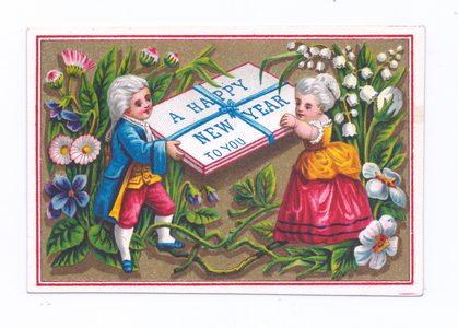 A Victorian New Year card of a boy and a girl dressed in regency costume carrying a `Happy New Year' card tied with a ribbon, c.1880 (colour litho)