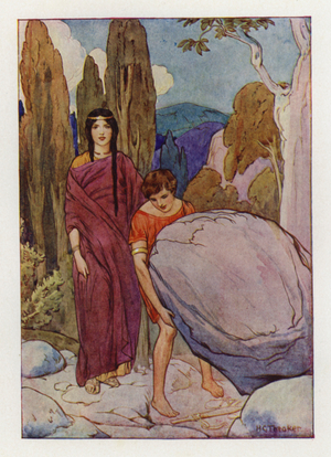 Theseus raising the big rock, under which lay the sword and sandals (colour litho)