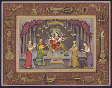 Durga, a Hindu goddess riding a tiger (gouache on paper)