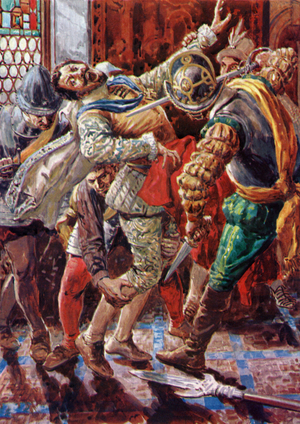Assassination of Henry I, Duke of Guise, by the bodyguard of King Henry III, 1588 (colour litho)