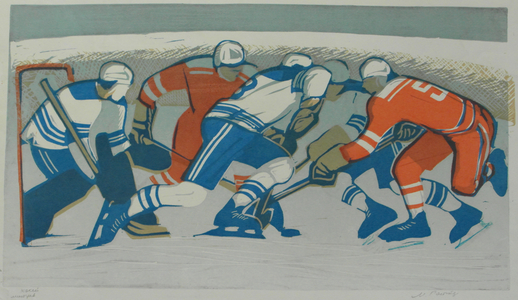 Ice Hockey, 1975 (linocut)