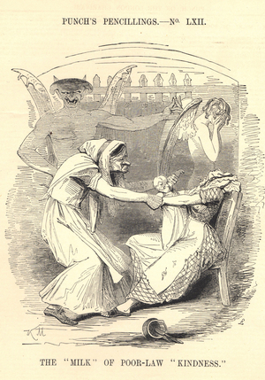 Poor Law set out regulations for Workhouses, imposing harsh conditions on inmates so that they were seen as places of last resort. The Devil watches as a child is dragged from its mother', while an Angel covers its face unable to meet the mother's pleading eyes. Cartoon from Punch, London, 1843. 