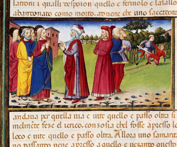 A doctor of the law asks Jesus what to do to gain eternal life. Codex of Predis (1476). Italy.
