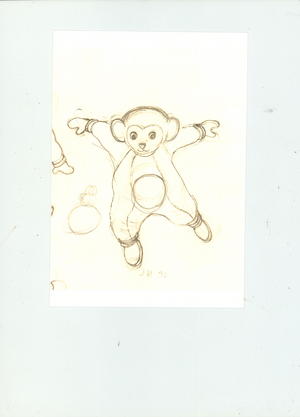 Teletubby flying out of a hole, 1995 (pen on paper)