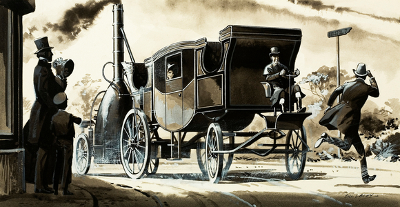 A steam car from 1825 (gouache on paper)