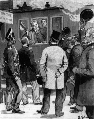 2nd exile of Philippe d'Orleans (1869-1926) passing the border in Delle (Belfort territory, France) to go in Switzerland, engraving after Gerardin